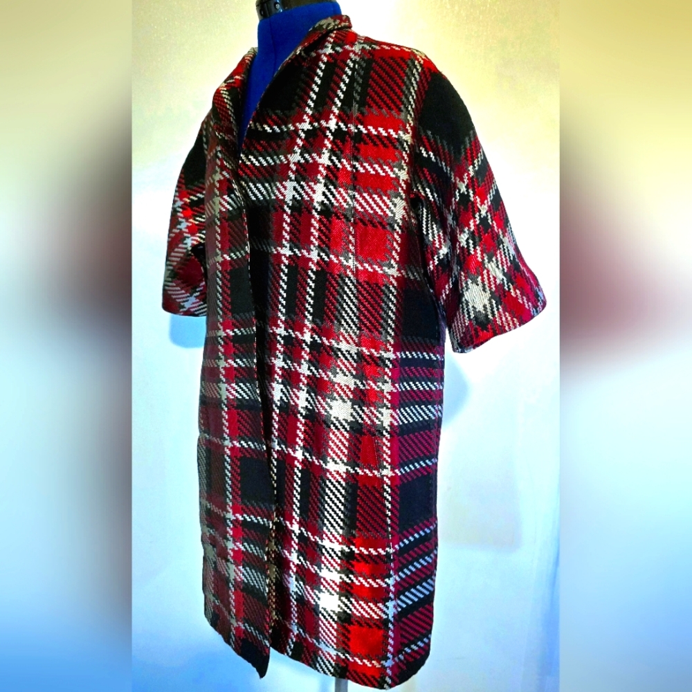 Engle Roberts designer Car Coat, burgundy and black plaid, size Small